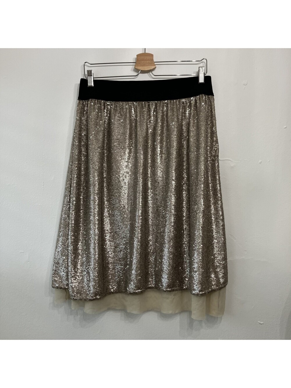 Free People Gold Taupe Flashing Lights Sequin Mesh Hem Midi Skirt Large Glam